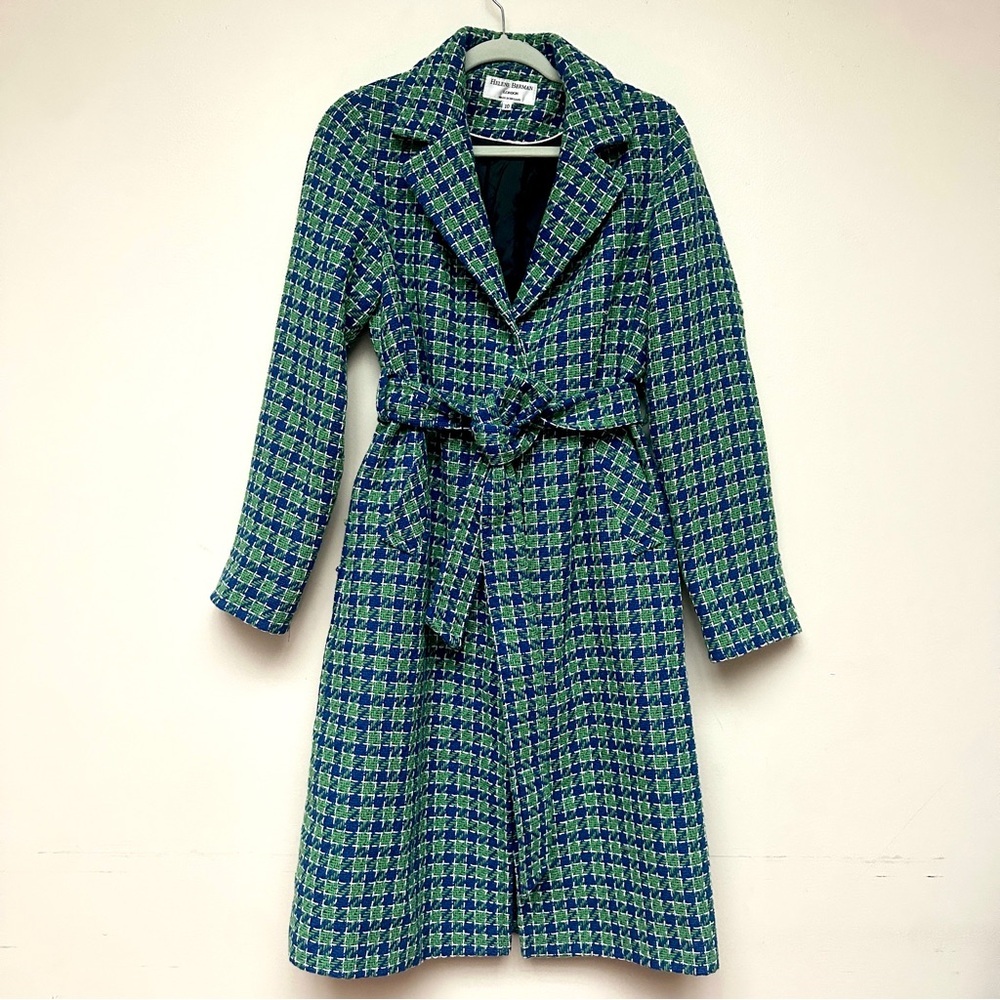 Helene Berman London Tweed Belted Coat Blue Green Size 10‎